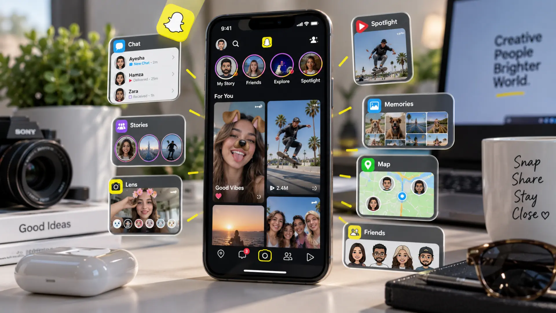 Snapchat features overview including Stories, Chat, Spotlight and Snap Map
